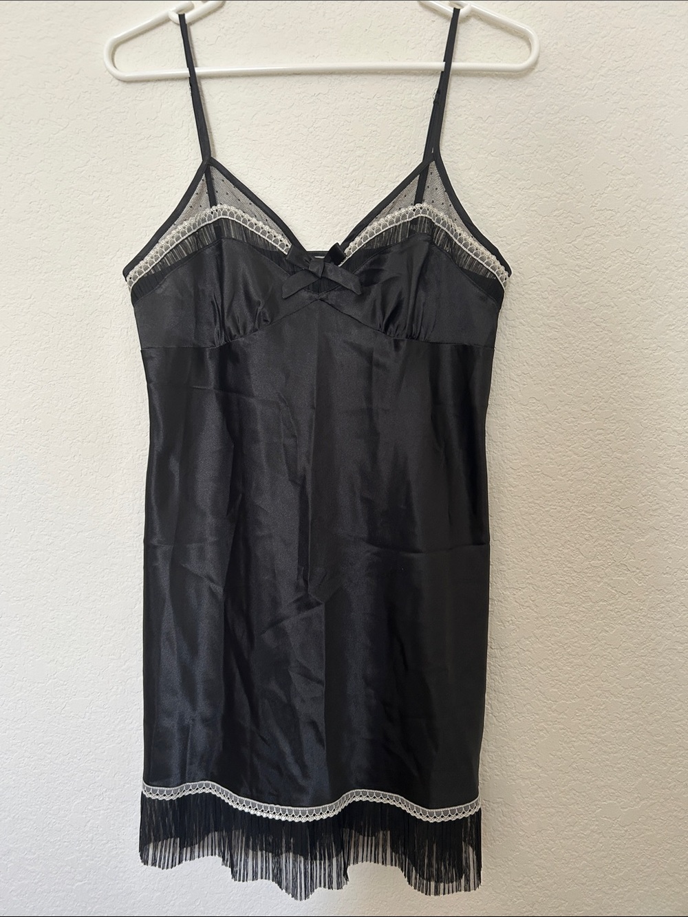 Morgan Taylor Black Satin Slip Dress Chemise Fringe Lace Y2K 2010s Lingerie